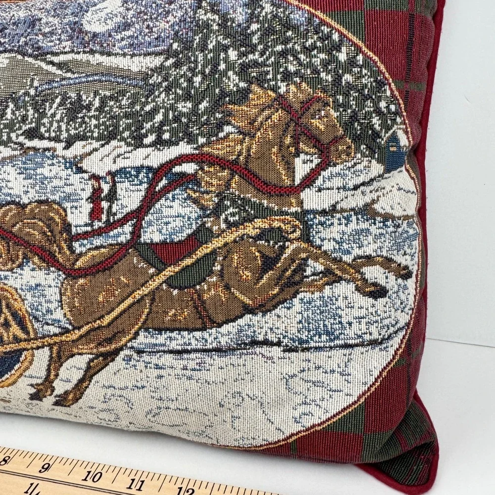 Vtg Rectangle 17x12.5inch‎ Winter Christmas Sleigh Ride Tapestry Throw Pillow